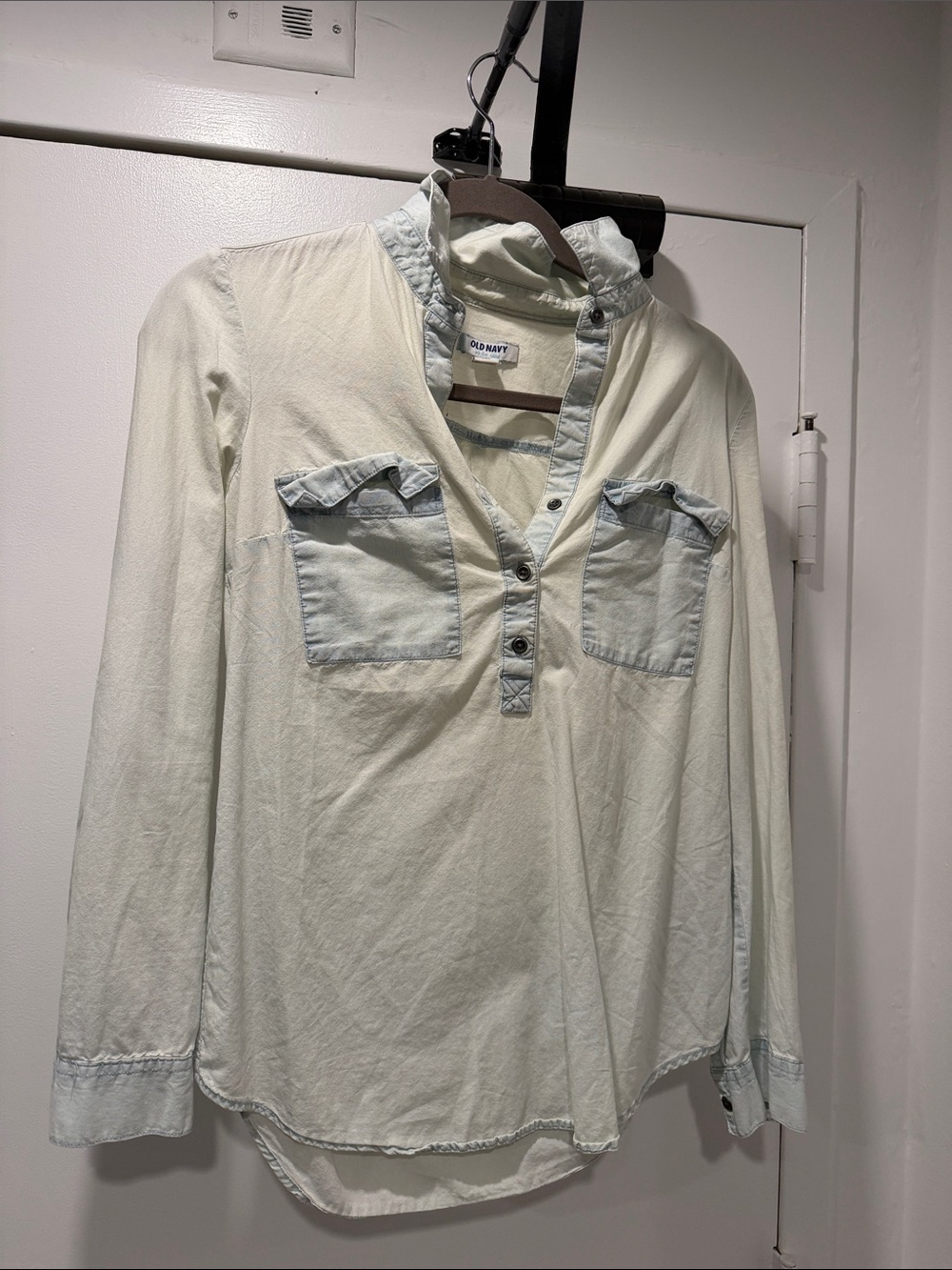 Old Navy Cream Henley Tunic with Light Blue Denim Accents
